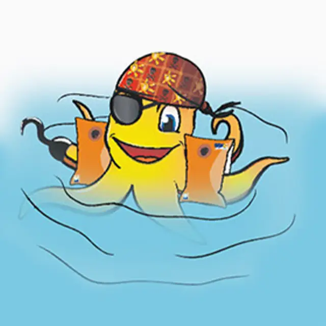 Gelber Oktopus mit Piratenhut und Augenklappe schwimmt, Schilder in seinen Tentakeln haltend.