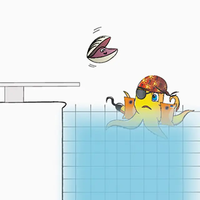 Piratentintenfisch im Pool mit fliegendem Piranha.